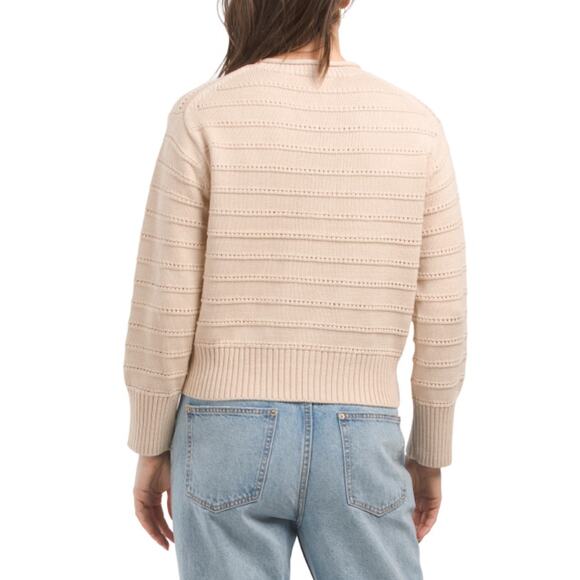 BRIT NY Long Sleeve Pointelle Neck Rib Knit Pullover Sweater Oatmeal Medium - Picture 2 of 7